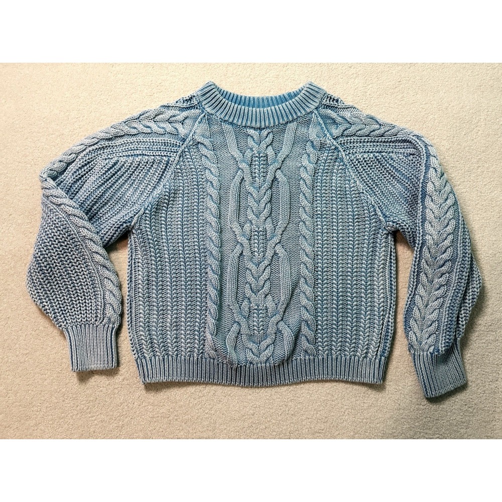 Free People Frankie Cable Pullover Sweater Light Blue Relaxed Cozy Coastal Small